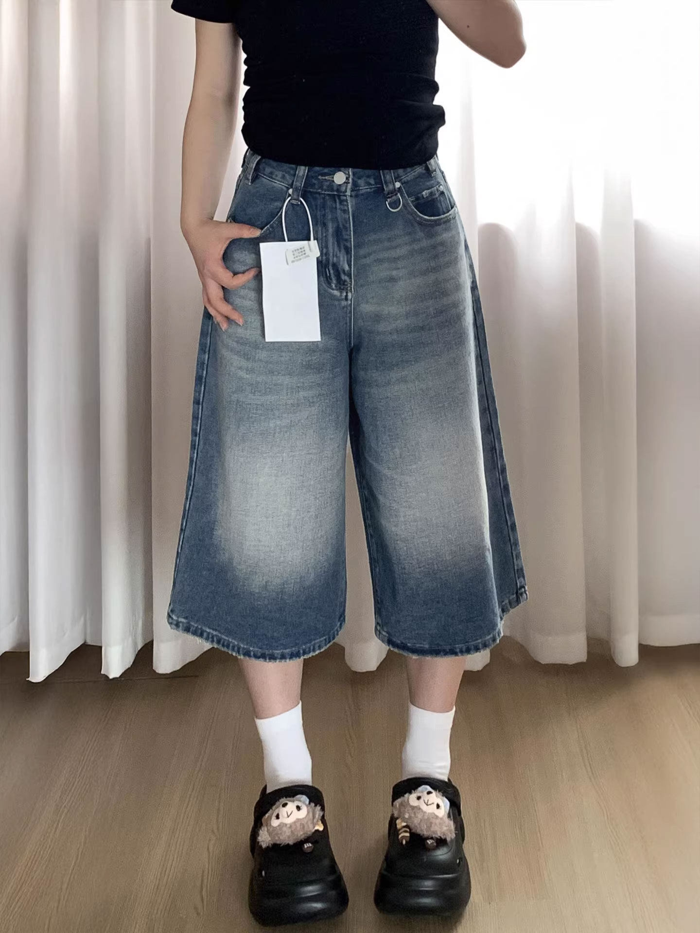 아메리칸 거리 마 오래된 7 점 데님 반바지 여성 2026 봄 새로운 하이웨이스트 루즈핏 다용도 모서리 연마 와이드 레그 팬츠