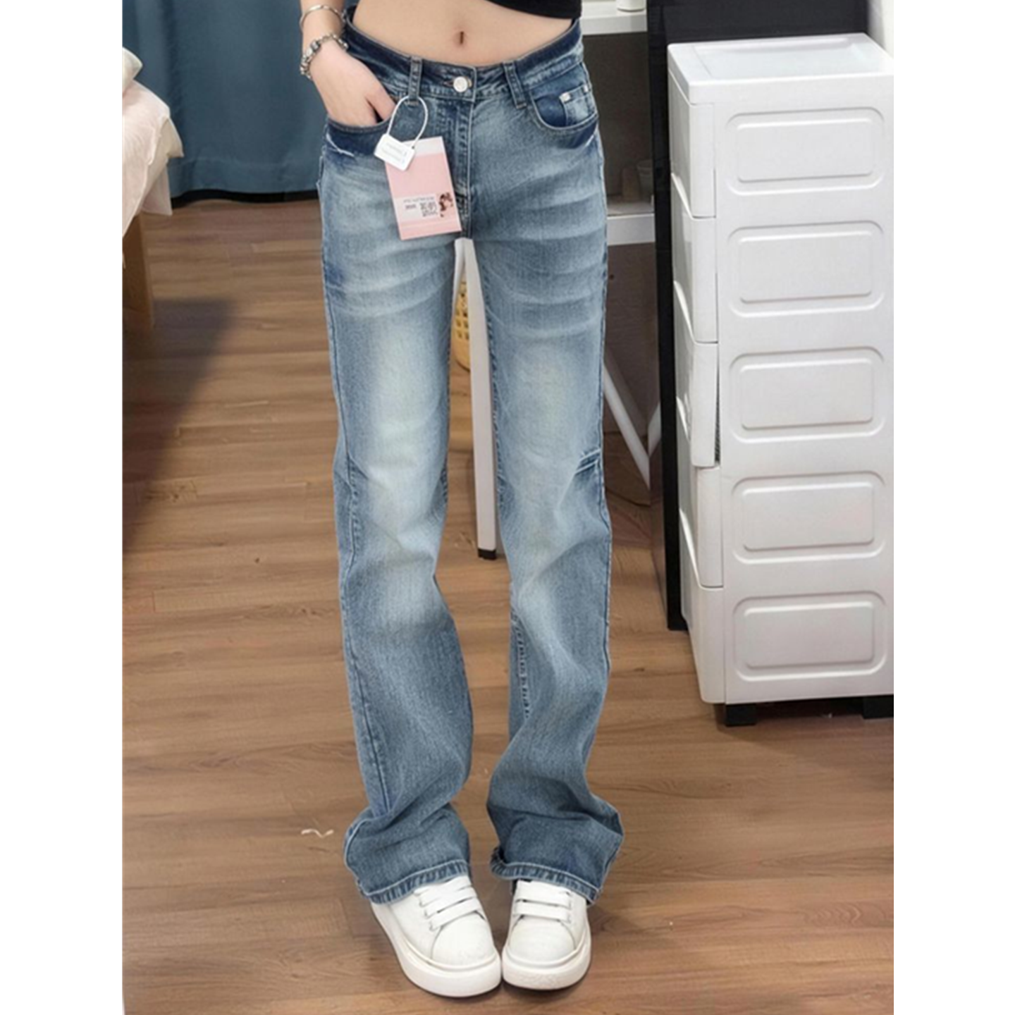 파란색 좁은 에디션 넓은 다리 청바지 여성 150cm 작은 키 디스플레이 높음 슬림해 보이는 몸매 가꾸기 신축성 담배 파이프 스트레이트 긴 바지