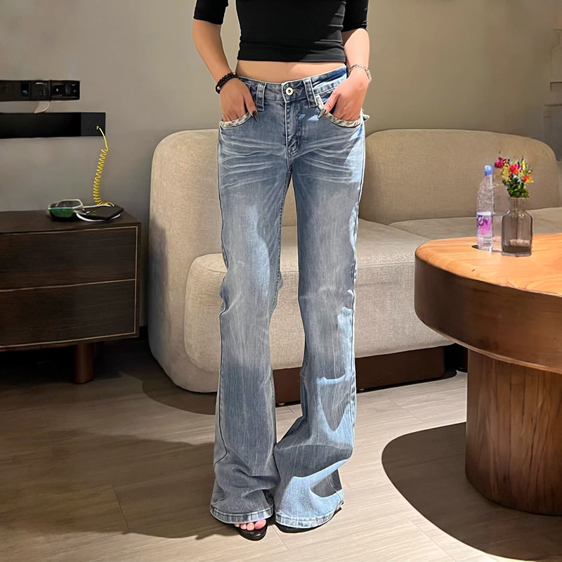 아메리칸 레트로 워싱 레오파드 무늬 패치워크 스트레이트 청바지 여성 디자인 센스 다용도 몸매 가꾸기 슬림해 보이는 부츠컷 롱 바지