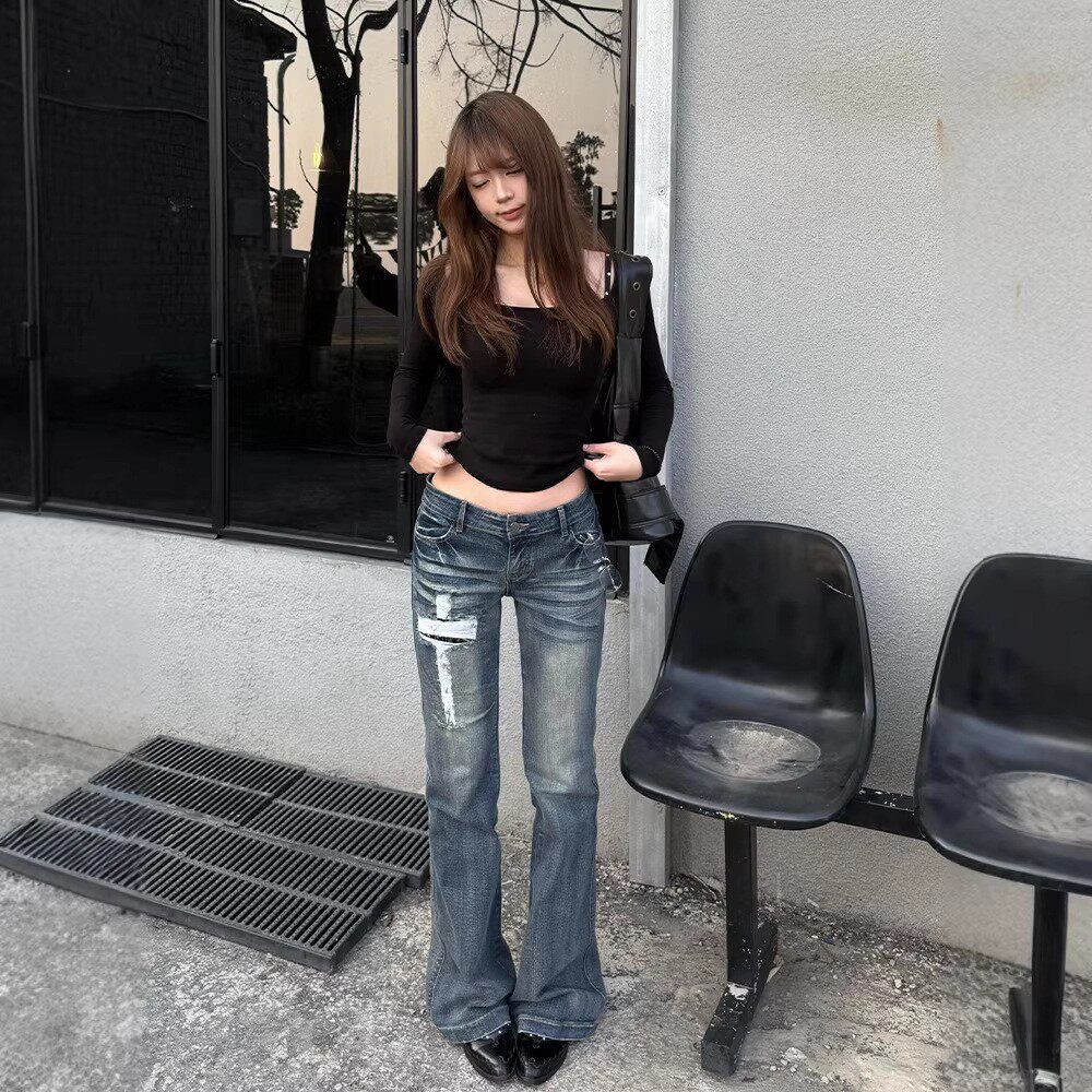 아메리칸 레트로 디자인 센스 십자가 청바지 아이들 여름 핫걸 새로운 몸매 가꾸기 슬림해 보이는 찢어진 부분 나팔 바지