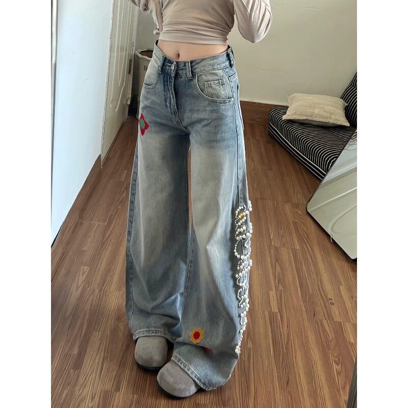 아메리칸 레트로 핫걸 넓은 다리 청바지 아이들 봄 여름 새로운 진주 자수 하이웨이스트 루즈핏 모통이 칼 바닥 청소 바지