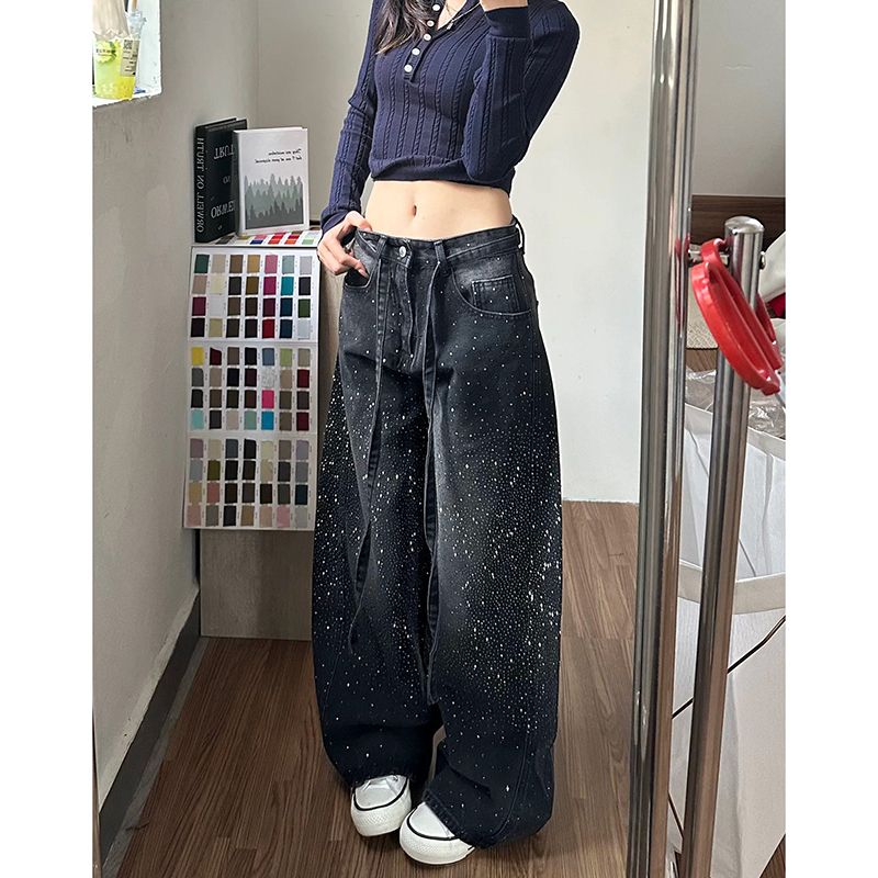거리 웃음 하 핫픽스 패치워크 넓은 다리 청바지 아이들 봄 가을 새로운 루즈핏 슬림해 보이는 바닥 청소 청바지