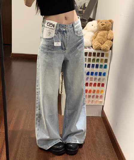 아메리칸 하늘색 하이웨이스트 넓은 다리 청바지 여성 2026 새로운 여름 워싱 루즈핏 슬림해 보이는 스트레이트 바닥 청소 바지