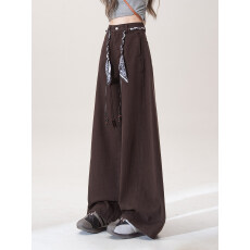 批发美式复古阔腿裤女2026<b class='q'>春</b>季新款丝腰带百搭直筒休闲拖地长裤子潮
