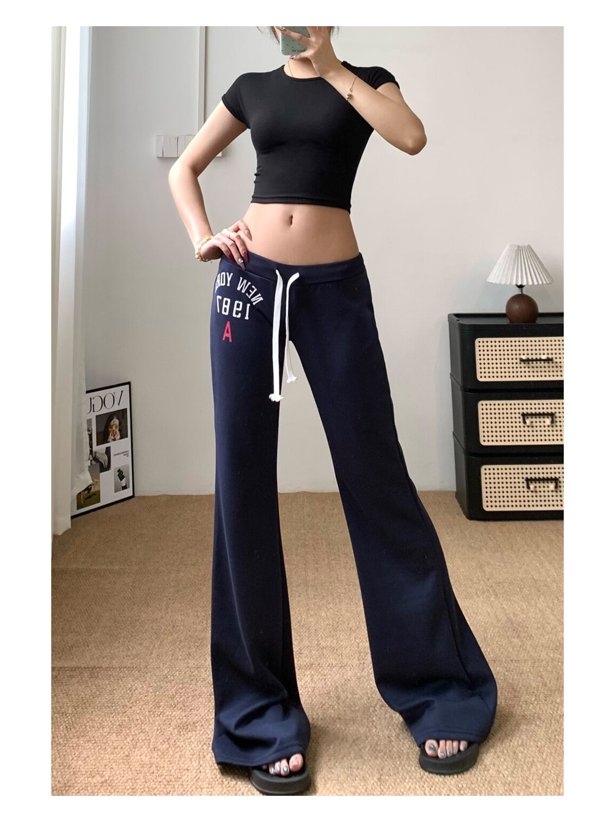 아메리칸 로우 웨이스트 부츠컷 캐주얼 바지 여성 여름 핫걸 몸매 가꾸기 슬림해 보이는 운동 웨이 바지 디자인 센스 프린트 요가 바지