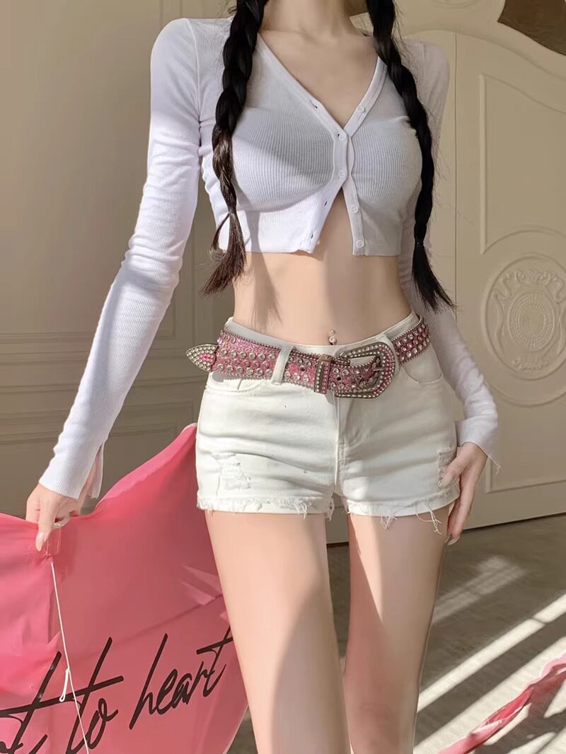 화이트 몸매 가꾸기 찢어진 부분 데님 초단바지 여성 여름 아메리칸 섹시함 핫걸 바지 스트레이트 한 마디 타이트 스커트 핫 바지
