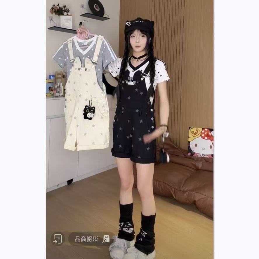 2026 자이언트 잘 생긴 멜빵 바지 여성 레트로 귀여운 새끼 고양이 별 프린트 루즈핏 스트레이트 연령 감소 캐주얼 짧은 바지