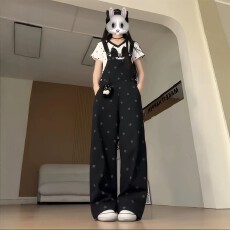 批发小猫星星满印牛仔背带裤女夏季<b class='q'>新款</b>减龄宽松显瘦直筒阔腿裤<b class='q'>连体裤</b>