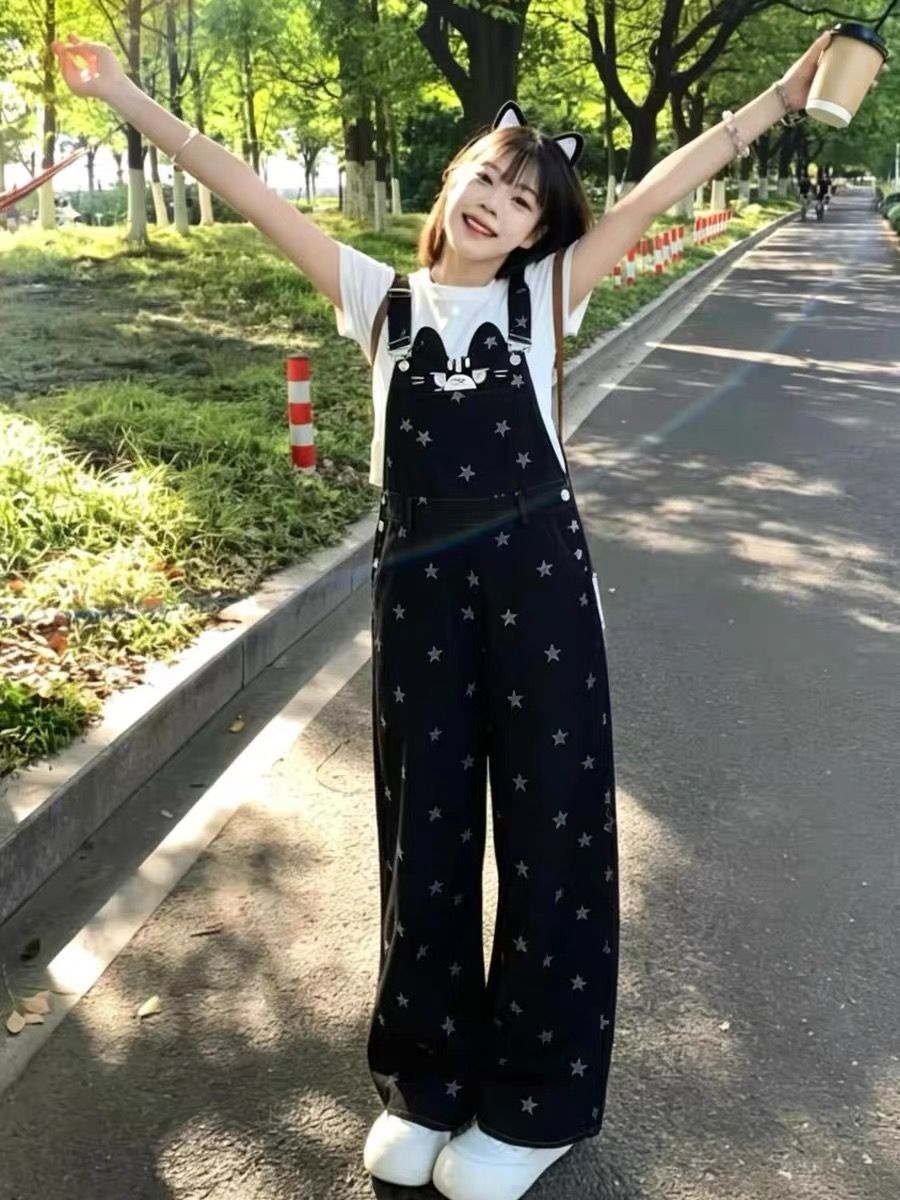 레트로 새끼 고양이 별 프린트 루즈핏 스트레이트 멜빵 바지 여성 연령 감소 캐주얼 긴 바지