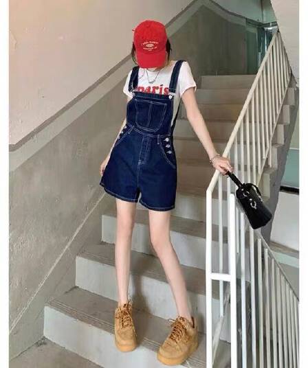 데님 멜빵 반바지 트렌드 여성 여름 하이웨이스트 루즈핏 작은 키 독점적 인 와이드 레그 팬츠 레트로 진한 파란색