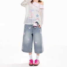 批发美式复古蝴蝶刺绣七分<b class='q'>牛仔裤</b>女夏季2026新款小个子7分中裤短裤子