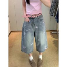 批发美式复古蝴蝶刺绣七分<b class='q'>牛仔裤</b>女夏季2026新款小个子7分中裤短裤子