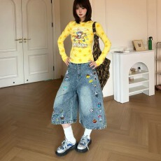 批发美式卡通图案刺绣牛仔七分裤女夏季复古宽松百搭阔腿直筒短裤