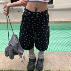 批发美式复古松弛感波点黑色七分裤男女夏季2026新款宽松阔腿牛仔中裤