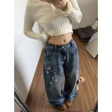 批发美式可爱小熊挂件刺绣牛仔裤女<b class='q'>春</b>秋新款小众纽扣设计感阔腿长裤子