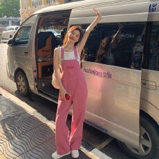 批发玫红色工装牛仔背带裤长裤女<b class='q'>春</b>夏网红爆款桔梗日系奶乎乎阔腿裤