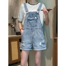 批发韩版宽松<b class='q'>阔</b><b class='q'>腿</b>休闲牛仔背带短裤女夏季小个子卷边破洞吊带<b class='q'>连体裤</b>子