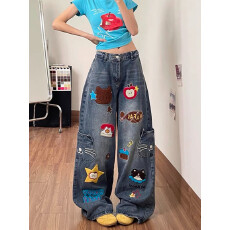 批发童趣小猫刺绣口袋<b class='q'>牛仔裤</b>女卡通风减龄美式宽松阔腿街头休闲长裤子