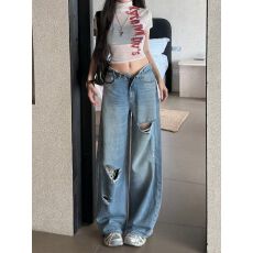 批发美式复古做旧破洞牛仔裤女夏季2026新款设计感<b class='q'>高腰</b>宽松直筒阔腿裤