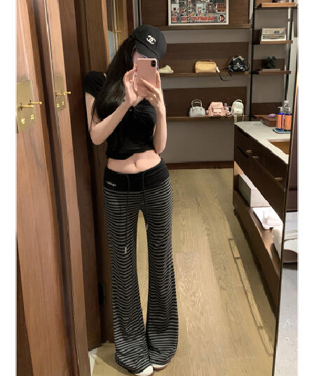 패치워크 뒤집다 허리 펌프 로프 느긋한 도루 도루 바지 배색 스트라이프 부츠컷 슬림해 보이는 캐주얼 운동 긴 바지