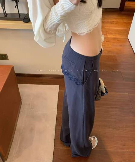 아마 라이 경기 서울 면 자수 방귀 커튼 패치워크 로우 웨이스트 캐주얼 바지 여성 작은 대중 Chic 긴 바지
