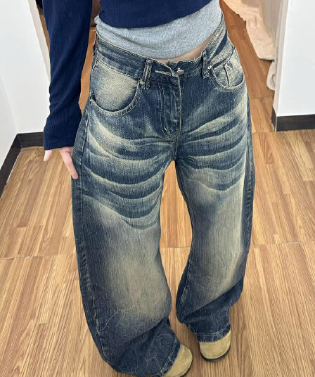 아메리칸 레트로 워싱 마 오래된 청바지 아이들 대 어린이 거리 핫걸 루즈핏 느긋한 느슨함 센스 바닥 청소 긴 바지