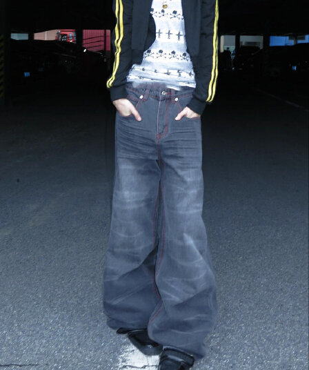 날개 별 프린트 물결 무늬 블랙 회색 워싱 레드 라인 baggy 빛 아시아 인 거리 청바지