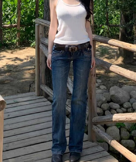 빅 사이즈 아메리칸 레트로 워싱 마 오래된 다채로운 라인 디자인 청바지 여성 2026 새로운 핫걸 몸매 가꾸기 스트레이트 긴 바지