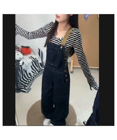 레트로 진한 파란색 데님 멜빵 바지 여성 봄 가을 새로운 지불 루즈핏 슬림해 보이는 연령 감소 작은 키 넓은 다리 스트레이트 팬츠