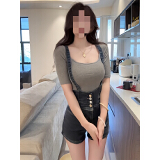 批发美式辣妹无袖牛仔背带裤女不规则<b class='q'>高腰</b>复古个性直筒显瘦阔腿短裤子