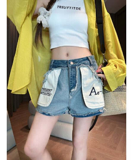 아메리칸 거리 배색 리버스 마모 데님 반바지 여성 자수 거친 가장자리 하이웨이스트 슬림해 보이는 a 단어 캐주얼 스트레이트 반바지