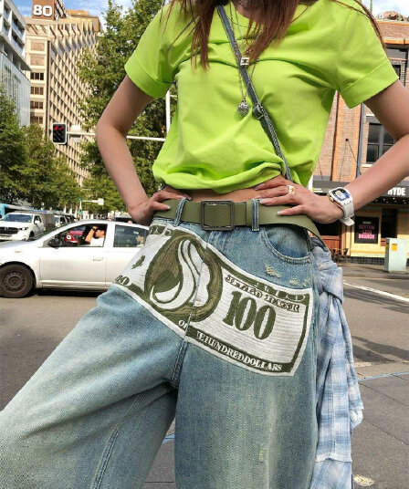 2026 슈퍼 화재 ~ 중 청바지 여성 아메리칸 레트로 워싱 마 오래된 달러 프린트 캐주얼 느긋한 스트레이트 와이드 레그 팬츠