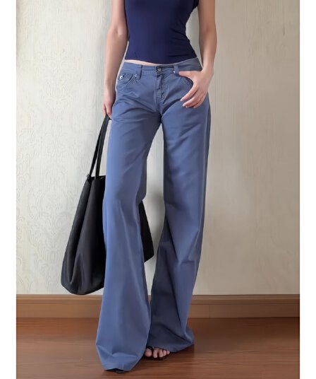 아메리칸 vintage 법 일 파란색 로우 웨이스트 스트레이트 청바지 여성 봄 가을 루즈핏 슬림해 보이는 부츠컷 범프 바지