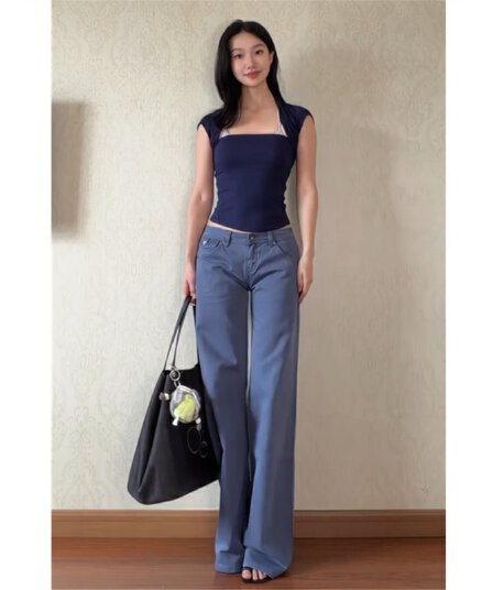아메리칸 vintage 법 일 파란색 로우 웨이스트 스트레이트 청바지 여성 봄 가을 루즈핏 슬림해 보이는 부츠컷 범프 바지