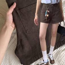批发美式复古咖色<b class='q'>高腰</b>阔腿工装牛仔短裤女夏季新款显瘦甜酷辣妹<b class='q'>热裤</b>子
