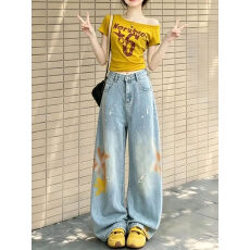 批发美式复古彩绘印花泼墨牛仔裤女小个子高腰宽松显瘦直筒百搭阔腿裤