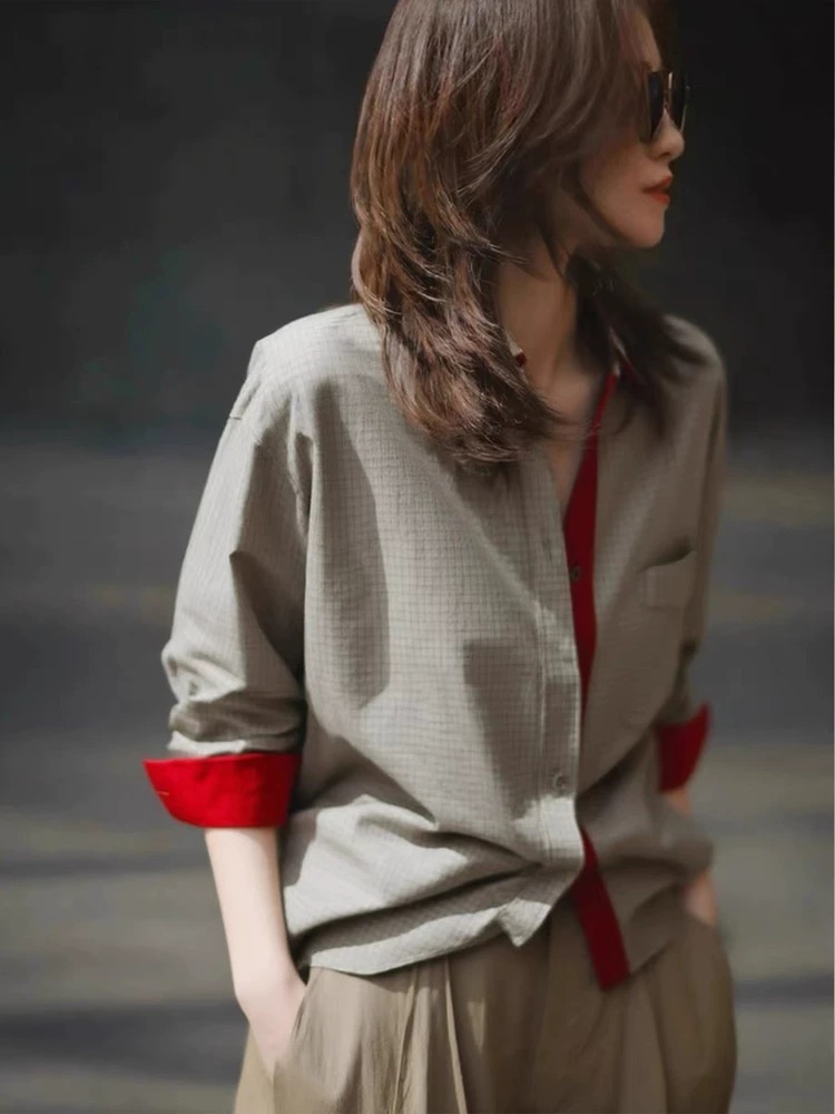 빛 사람들 코치 오래된 돈 바람 체크무늬 셔츠 여자 2025 가을 새로운 배색 고유 한 슈퍼 잘 생긴 싱글 착용 셔츠