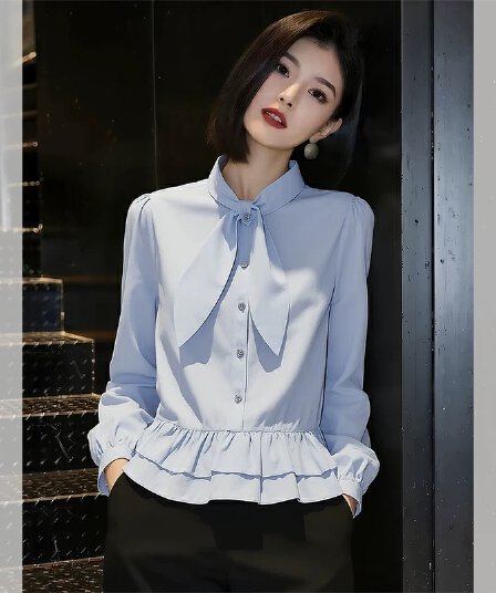 캐주얼 다용도 레이스업 파란색 여성 셔츠 봄 2026 년 새로운 패션 작은 대중 셔츠 출퇴근 다용도 작은 셔츠