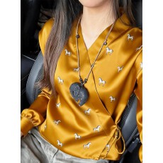 批发新中式黄色小马印花上衣女独特漂亮改良国风<b class='q'>唐装</b>掐腰系带<b class='q'>汉服</b>小衫