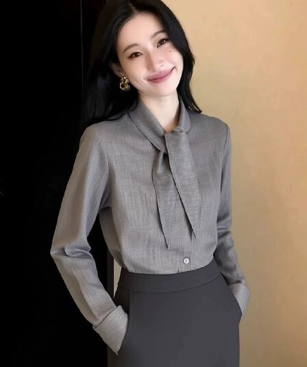 고급 센스 주간 실크 리본 여성 셔츠 2026 봄 새로운 빛 요리 한 바람 로얄 자매 경력 출퇴근 긴팔 맨위 트렌디