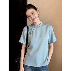 批发新中式立领盘扣短袖<b class='q'>T</b><b class='q'>恤</b>女2026年春季蓝色<b class='q'>百搭</b>轻奢优雅上衣