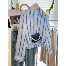 批发法式气质高级感蓝色衬衫女<b class='q'>夏</b>季装新款设计感小众条纹衬衣时尚上衣