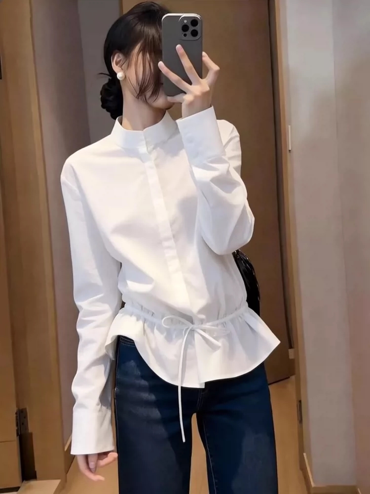 익스트림 제인 바람 패션 외국 가스 화이트 펌프 로프 스탠드 칼라 여성 셔츠 2026 년 슈퍼 잘 생긴 루즈핏 슬림해 보이는 허리 수축 맨위