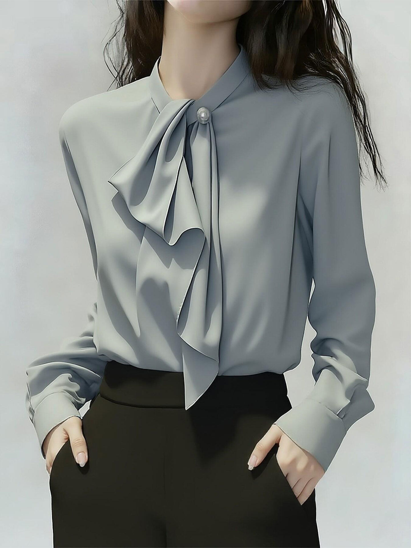 프랑스식 하늘색 리본 여성 셔츠 2026 년 봄 새로운 긴팔 빛 요리 한 우아함 바람 패션 외국 가스 셔츠