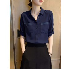 批发藏蓝色<b class='q'>职业</b>通勤上衣女装夏季2026年新款干练复古减龄短袖衬衫优雅