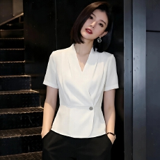 批发白色V领短袖收腰衬衫女夏季2026新款通勤风气质<b class='q'>大码</b>超火上衣减龄