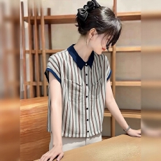 批发<b class='q'>韩版</b>撞色polo领条纹衬衫女2026夏季新款<b class='q'>宽松</b>休闲显瘦百搭短袖上衣