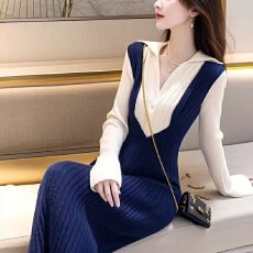 批发冬季女装<b class='q'>北极</b><b class='q'>绒</b>面料高级感独特小香风蓝白撞色针织连衣裙