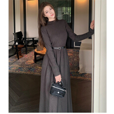 批发法式中领针织<b class='q'>连衣裙</b>女2025新款秋冬修身内搭收腰显瘦打底长裙