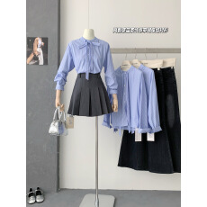 批发pusumede转角<b class='q'>街头</b>蓝色蝴蝶结绑带条 纹衬衫女长袖衬衣气质上衣